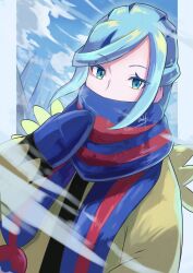 Rule 34 | 1boy, aqua eyes, blue mittens, blue scarf, cloud, commentary request, creatures (company), day, dusk poke27, eyelashes, game freak, green hair, grusha (pokemon), hand up, highres, jacket, long sleeves, male focus, mittens, nintendo, outdoors, pokemon, pokemon sv, scarf, scarf over mouth, signature, sky, solo, striped clothes, striped scarf, upper body, yellow jacket
