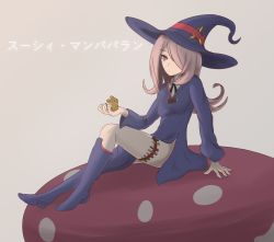 Rule 34 | 1girl, alternate costume, animal, boots, breasts, character name, grey background, hair over one eye, hat, highres, holding, holding animal, little witch academia, long hair, luna nova school uniform, mouse (animal), mushroom, pink hair, potion, red eyes, school uniform, simple background, sitting, small breasts, solo, soveno, sucy manbavaran, thighs, vial, wide sleeves, witch, witch hat