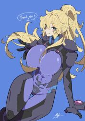 Rule 34 | 1girl, abs, black gloves, blonde hair, blue background, blue eyes, blush, bodysuit, breasts, bright pupils, commentary, commission, covered navel, english commentary, english text, floating hair, fortified suit, gloves, huge breasts, impossible bodysuit, impossible clothes, kamon rider, long hair, looking at viewer, muv-luv, muv-luv alternative, open hand, original, ponytail, signature, simple background, sitting, skeb commission, skin tight, smile, solo, speech bubble, white pupils