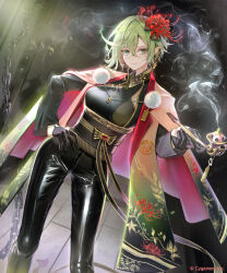 Rule 34 | 1girl, black leggings, black shirt, breasts, chain, closed mouth, coat, cowboy shot, dark background, denim, earrings, elf, floral print, fluffy, gloves, green eyes, green hair, hair between eyes, hand on own hip, hand up, high collar, highres, holding, holding smoking pipe, japanese clothes, jeans, jewelry, kouyafu, leggings, long sleeves, looking at viewer, magachiyo (shadowverse), medium breasts, obi, official art, original, pants, pink coat, pointy ears, sash, shadowverse, shirt, short hair, simple background, skin tight, smile, smoke, smoking pipe, solo, standing, tiles
