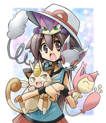 Rule 34 | 1girl, :d, black wristband, brown eyes, brown hair, cat, coin, creatures (company), game freak, gen 1 pokemon, gen 3 pokemon, gen 4 pokemon, gen 5 pokemon, glameow, hair between eyes, hat, holding, holding pokemon, leaf (pokemon), long hair, meowth, miniskirt, nintendo, open mouth, pokemon, pokemon (creature), pokemon frlg, purrloin, rascal (feuille), red skirt, skirt, skitty, smile, solo, too many, too many cats, white hat, wristband