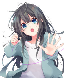 Rule 34 | 1girl, artist name, black hair, blue eyes, blush, commentary request, drawing, green jacket, hair between eyes, highres, holding, holding pen, jacket, kuroi (liar-player), long hair, looking at viewer, open clothes, open hand, open jacket, open mouth, original, outstretched arm, pen, shirt, sidelocks, simple background, solo, upper body, white background, white shirt