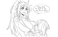 Rule 34 | 1girl, 1other, androgynous, blush, breast sucking, breastfeeding, breasts, cleavage, hand on another&#039;s head, height difference, horn, horns, huge breasts, jacket, lactation, long hair, matsu-sensei, office lady, one breast out, oni, oni girl, oni horn, oni horns, open clothes, open jacket, open mouth, rimuru tempest, scarf, shion (tensei shitara slime datta ken), simple background, single horn, size difference, slime, smile, speech bubble, tensei shitara slime datta ken, upper body, white background