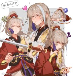 Rule 34 | 1boy, androgynous, archer (fate/samurai remnant), blood, blood from mouth, blood on hands, blush, border, bow, chibi, chinese clothes, clenched teeth, fate/samurai remnant, fate (series), fur trim, grey background, hair down, hair ornament, hair stick, hair tubes, hanfu, heart, highres, holding, holding sword, holding weapon, light brown hair, long hair, looking at viewer, male focus, multicolored hair, multiple views, one eye closed, ponytail, rerchien, simple background, solo focus, streaked hair, sweat, sword, tassel, tassel hair ornament, teeth, two-tone hair, upper body, weapon, white border, white hair, yellow eyes, zzz