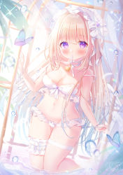 Rule 34 | 1girl, bare shoulders, barefoot, birdcage, blonde hair, blunt bangs, blush, bow, bow bra, bow panties, bra, breasts, bridal garter, bug, butterfly, cage, choker, cleavage, commentary request, dated, day, feathered wings, fingernails, frilled bra, frilled hairband, frilled panties, frills, hairband, highres, insect, kneehighs, lingerie, lock, long hair, looking at viewer, medium breasts, moe2021, mouth hold, navel, omochi monaka, original, panties, purple eyes, resolution mismatch, ribbon, ribbon in mouth, side-tie panties, sidelocks, signature, socks, solo, source smaller, strap slip, thighs, underwear, very long hair, water, white bra, white panties, white wings, wings, wristband