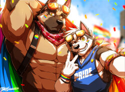 Rule 34 | 2boys, abs, absurdres, arm behind head, armpits, backpack, bag, bara, bare pectorals, brown fur, celebration, confetti, dog boy, drks, expressionless, flag, furry, furry male, grin, highres, holding, holding flag, hood, hood down, hoodie, large pectorals, lgbt pride, long hair, looking at viewer, male focus, merchandise, multiple boys, muscular, muscular male, nipple slip, nipples, one eye closed, original, pectorals, ponytail, pride month, rainbow flag, rainbow flag tattoo, scarf, short hair, sidepec, sleeveless, sleeveless hoodie, smile, stomach, upper body, v