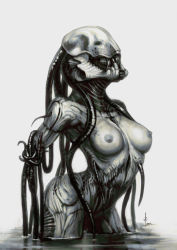 Rule 34 | 1girl, alien, breasts, covered eyes, kometani hisanobu, large breasts, monster girl, nipples, solo, species, teeth, tentacles, wading, water