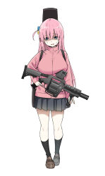 Rule 34 | 1girl, averting eyes, black skirt, black socks, blue eyes, bocchi the rock!, breasts, brown footwear, cube hair ornament, full body, gotoh hitori, grenade launcher, grey skirt, guitar case, gun, hair between eyes, hair ornament, highres, holding, holding gun, holding weapon, instrument case, instrument on back, jacket, large breasts, loafers, long hair, long sleeves, milkor mgl, one side up, open mouth, pink hair, pink jacket, pleated skirt, revolver grenade launcher, shaded face, shoes, sidelocks, simple background, skirt, sky-freedom, socks, solo, standing, sweat, tachi-e, track jacket, weapon, white background