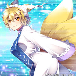Rule 34 | album cover, animal ears, animal hat, blonde hair, blue background, breasts, check commentary, commentary, commentary request, cover, determined, dress, fox ears, fox tail, frilled dress, frills, hat, long sleeves, looking at viewer, medium breasts, mob cap, motion lines, multiple tails, official art, running, sakura tsubame, short hair, smile, sparkle background, tabard, tail, tassel, touhou, touhou cannonball, white dress, white hat, wide sleeves, yakumo ran, yellow eyes