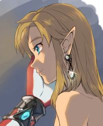 Rule 34 | 2boys, alternate hairstyle, androgynous, bare shoulders, blonde hair, blue eyes, bracelet, bracer, closed mouth, colored skin, couple, crossdressing, earrings, elf, from side, hand on another&#039;s face, haru3201, interspecies, jewelry, link, male focus, multiple boys, nintendo, nude, pointy ears, red skin, short hair, sidon, sparkle, the legend of zelda, the legend of zelda: breath of the wild, topless male, trap, upper body, yaoi