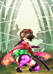 Rule 34 | 1girl, bamboo, black hair, closed eyes, commentary request, flower, hair flower, hair ornament, hiyohiyo (naga), japanese clothes, katana, kimono, momohime, oboro muramasa, outline, sheath, sheathed, silhouette, solo focus, sword, thighhighs, weapon, white outline