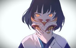Rule 34 | 1girl, bbqqq, black hair, covering own mouth, genshin impact, hand up, highres, holding, holding mask, japanese clothes, kimono, looking at viewer, mask, short hair, simple background, slit pupils, snake mask, solo, tsumi (genshin impact), upper body, white kimono, wide sleeves