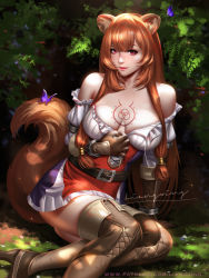 Rule 34 | 1girl, aged up, animal ear fluff, animal ears, artist name, belt, blunt bangs, blush, boots, breasts, brown hair, bug, butterfly, chest tattoo, cleavage, highres, insect, kneeling, large breasts, liang xing, long hair, long sleeves, looking at viewer, open mouth, outdoors, purple eyes, raccoon ears, raccoon girl, raccoon tail, raphtalia, red ribbon, ribbon, signature, sitting, slave tattoo, smile, solo, tail, tate no yuusha no nariagari, tattoo, thighhighs, watermark, web address