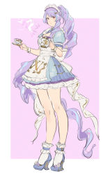 Rule 34 | absurdly long hair, alternate costume, alternate hairstyle, apron, cup, dress, drill hair, frilled shoes, high heels, highres, holding, holding cup, holding teapot, long hair, looking at viewer, looking down, macross, macross delta, maid, maid apron, maid headdress, mikumo guynemer, ponytail, purple background, purple hair, red eyes, shimatani azu, solo, steam, symbol-only commentary, teapot, very long hair, walkure (macross delta)