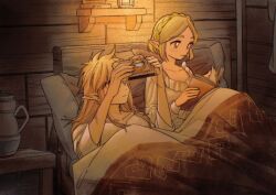 Rule 34 | 1boy, 1girl, bed, bedroom, blanket, blonde hair, book, book stack, braid, chinese commentary, commentary request, crown braid, earrings, green eyes, highres, holding, holding book, indoors, jewelry, jug (bottle), lantern, link, long hair, long sleeves, mouyi, nightgown, nightstand, nintendo, on bed, open book, pillow, pointy ears, princess zelda, reading, scar, scar on arm, shared blanket, sheikah slate, shelf, shirt, short hair, smile, table, the legend of zelda, the legend of zelda: tears of the kingdom, under covers, white nightgown, white shirt, wooden table, wooden wall