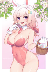 Rule 34 | 1girl, absurdres, artist name, bare shoulders, basket, blush, breasts, cleavage, covered navel, gloves, hair ribbon, highres, holding, holding basket, large breasts, leotard, long hair, looking at viewer, necktie, open mouth, original, patreon username, pink hair, pink leotard, pink necktie, pink ribbon, purple eyes, r0cketcat, ribbon, shiny skin, smile, solo, teeth, tongue, white gloves