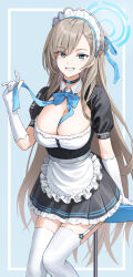 Rule 34 | 1girl, alohayuja, apron, arm support, asuna (blue archive), between breasts, black dress, blue archive, blue background, blue bow, blue bowtie, blue eyes, blue ribbon, bow, bowtie, breasts, cleavage, collar, commentary request, detached collar, dress, feet out of frame, frilled apron, frilled dress, frilled hairband, frills, garter straps, gloves, hair ribbon, hairband, halo, hand up, highres, holding, korean commentary, large breasts, light brown hair, long hair, looking at viewer, maid, maid apron, maid headdress, mole, mole on breast, puffy short sleeves, puffy sleeves, ribbon, short sleeves, sidelocks, simple background, solo, stool, swept bangs, thighhighs, very long hair, waist apron, white collar, white garter straps, white gloves, white hairband, white thighhighs, wing collar, zettai ryouiki
