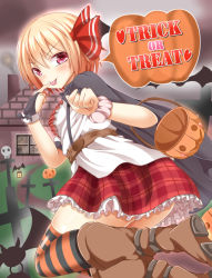 Rule 34 | 1girl, alternate costume, bat (animal), belt, black cape, blonde hair, boots, brown belt, brown footwear, cape, english text, grave, hair ribbon, halloween, hand on own face, heart, jack-o&#039;-lantern, lantern, plaid, plaid skirt, red eyes, red ribbon, red skirt, ribbon, roro (sghona10), rumia, shirt, short hair, short sleeves, skirt, skull, solo, striped clothes, striped legwear, striped thighhighs, thighhighs, tongue, tongue out, touhou, trick or treat, white shirt