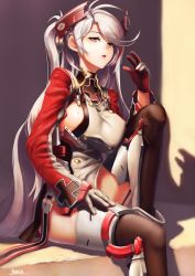 Rule 34 | 1girl, artist name, azur lane, black thighhighs, breasts, commentary request, gloves, hand on leg, headgear, highres, itaco, long hair, looking at viewer, machinery, mole, mole on breast, parted lips, ponytail, prinz eugen (azur lane), red eyes, shadow, sideboob, sitting, solo, thighhighs, thighs, very long hair, wall, white hair