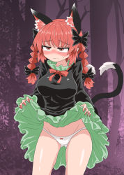 Rule 34 | 1girl, animal ears, black bow, blush, bow, braid, cat ears, cat tail, chups, clothes lift, dress, dress lift, extra ears, hair bow, highres, kaenbyou rin, lifted by self, multiple tails, panties, red eyes, red hair, skirt, skirt lift, solo, tail, touhou, twin braids, two tails, underwear, white panties