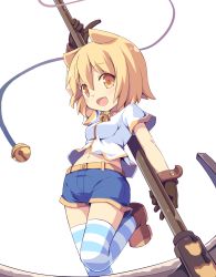 Rule 34 | 1girl, animal ears, bell, blonde hair, fang, gloves, highres, masaki (machisora), navel, open mouth, original, scythe, short hair, shorts, solo, striped clothes, striped thighhighs, thighhighs, white background, yellow eyes
