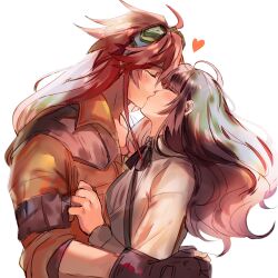 Rule 34 | 1boy, 1girl, ahoge, black gloves, brown hair, cardia beckford, code:realize, commentary, fingerless gloves, gloves, goggles, goggles on head, heart, hetero, hug, impey barbicane, jacket, kash-phia, kiss, long hair, long sleeves, red hair, sleeves rolled up, symbol-only commentary, upper body, white background