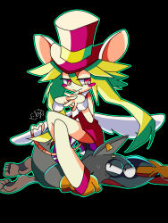 Rule 34 | 1boy, 1girl, animal ears, blush stickers, breasts, ear tag, green hair, hat, heart, heart tail, leotard, mad rat, mad rat dead, mouse (animal), mouse ears, mouse girl, mouse tail, nippon ichi, rat god, red eyes, sitting, sitting on person, tail, top hat, wings, wrist cuffs
