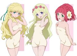 Rule 34 | 3girls, bare shoulders, blonde hair, blue hair, blunt bangs, blush, braid, breasts, claire bennet, cleavage, closed mouth, collarbone, commentary request, crossover, flower, green eyes, groin, hair flower, hair ornament, kiikii (kitsukedokoro), large breasts, long hair, looking at viewer, medium breasts, multiple girls, naked towel, open mouth, pink lips, red hair, rubia natwick, shirley fennes, small breasts, smile, standing, tales of (series), tales of asteria, tales of legendia, tales of rebirth, tales of the tempest, thighs, towel, wavy hair