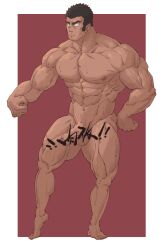 Rule 34 | 1boy, abs, bara, black eyes, black hair, censored, censored by text, completely nude, da nian yu zhao ze gong yuan, flexing, foreskin, full body, gouda musashi, half-erect, highres, large pectorals, long sideburns, looking at viewer, male focus, mob psycho 100, muscular, muscular male, navel, nipples, nude, pectorals, penis, short hair, shredded muscles, sideburns, solo, standing, stomach, thick eyebrows, thick thighs, thighs, two-tone background, v-taper
