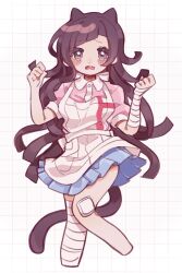 Rule 34 | 1girl, ameko53133, animal ears, apron, bandaged arm, bandaged leg, bandages, bandaid, bandaid on knee, bandaid on leg, blush, breasts, cat ears, clenched hands, cropped legs, danganronpa (series), danganronpa 2: goodbye despair, fang, hands up, highres, large breasts, looking at viewer, miniskirt, open mouth, pink shirt, pleated skirt, puffy short sleeves, puffy sleeves, shirt, short sleeves, skin fang, skirt, solo, tearing up, tsumiki mikan, two-tone shirt, white apron, white shirt