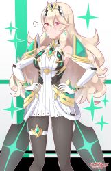 Rule 34 | 1girl, absurdres, alternate costume, armor, black pantyhose, breasts, cleavage, closed eyes, corrin (female) (fire emblem), corrin (fire emblem), cosplay, earrings, fire emblem, gem, gloves, headpiece, highres, jewelry, long hair, looking at viewer, mythra (massive melee) (xenoblade), mythra (xenoblade), mythra (xenoblade) (cosplay), nintendo, pantyhose, pointy ears, red eyes, sarukaiwolf, solo, super smash bros., white hair, xenoblade chronicles (series), xenoblade chronicles 2