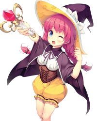 Rule 34 | aasha, black hat, braid, cape, corset, crystal, daibouken! yukeyuke osawari island, hat, holding, magical girl, nontan, official art, one eye closed, pink hair, smile, solo, standing, tagme, transparent background, twin braids, twintails, wand, witch hat