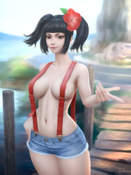 Rule 34 | 1girl, areola slip, black eyes, black hair, blue shorts, blunt bangs, breasts, bridge, closed mouth, commentary, commission, cutoffs, day, english commentary, flower, flower request, gohpot, hair flower, hair ornament, lake, large breasts, leaf, legs together, lips, looking at viewer, navel, original, outdoors, pointing, road, shorts, signature, smile, solo, standing, street, sunlight, suspender shorts, suspenders, two side up, water