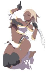 Rule 34 | 1girl, accio, bare shoulders, black thighhighs, blonde hair, boots, breasts, character request, cleavage, dark-skinned female, dark skin, earrings, english text, eyebrows, female focus, gloves, highres, jewelry, large breasts, loincloth, navel, necklace, pixiv fantasia, pixiv fantasia fallen kings, short hair, slit pupils, solo, thick thighs, thighhighs, thighs, transparent background, weapon, yellow eyes