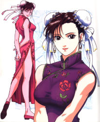 Rule 34 | 1girl, ass, bare shoulders, blue background, breasts, brown eyes, brown hair, bun cover, capcom, china dress, chinese clothes, chun-li, covered collarbone, double bun, dress, earrings, hair bun, halterneck, jewelry, kneepits, large breasts, lipstick, looking at viewer, makeup, murase shuko, official art, outside border, purple dress, side slit, simple background, sleeveless, sleeveless dress, street fighter, street fighter ii (movie), thighs, upper body, white background