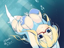 Rule 34 | 10s, 1girl, bikini, blonde hair, blue background, blue eyes, breasts, copyright name, dated, glasses, i-8 (kancolle), kantai collection, large breasts, looking at viewer, red-framed eyewear, solo, swimsuit, twitter username, underwater, wara (warapro)