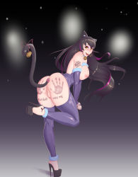 Rule 34 | 1girl, anal, anal object insertion, animal ears, ass, black hair, blake belladonna, body writing, breasts, cat ears, cat tail, collar, elbow gloves, full body, gloves, gradient background, hand prints, high heels, highres, long hair, multicolored hair, nipples, object insertion, purple hair, pussy, rwby, shonomi, solo, tail, tattoo, thighhighs, uncensored, yellow eyes