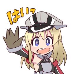 Rule 34 | 1girl, armor, bare shoulders, bismarck (kancolle), blonde hair, blue eyes, breastplate, detached sleeves, hat, high five, kantai collection, long hair, military hat, military uniform, open hand, open mouth, parody, peaked cap, round teeth, simple background, smile, solo, style parody, teeth, uniform, upper body, upper teeth only, white background, yuuki shishin