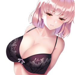 Rule 34 | 1girl, :o, arms behind back, bare shoulders, black bra, blush, bow, bow bra, bra, breasts, cleavage, closed mouth, collarbone, floral print, from above, half-closed eyes, huyumitsu, jitome, large breasts, leaning back, leaning to the side, light frown, long hair, looking away, original, pink hair, simple background, solo, underwear, upper body, yellow eyes