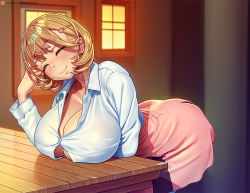 Rule 34 | 1girl, bent over, blush, breast rest, breasts, breasts on table, brown hair, bursting breasts, button gap, cleavage, closed eyes, collared shirt, dress shirt, hair ornament, hairclip, huge breasts, indoors, leaning forward, narusawa ryouka, nikichen, occultic;nine, partially unbuttoned, pink skirt, shirt, short hair, skirt, smile, solo, standing, table, white shirt, window, wooden table