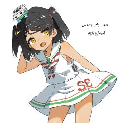 Rule 34 | 1girl, absurdres, bigkwl, black hair, blush, dated, dress, hair ornament, hair ribbon, hairclip, hat, highres, kantai collection, neckerchief, one-hour drawing challenge, open mouth, pink ribbon, ribbon, sailor dress, scirocco (kancolle), simple background, sleeveless, sleeveless dress, solo, striped neckerchief, tan, twitter username, two side up, white background, white dress, yellow eyes