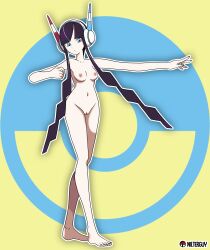 Rule 34 | 1girl, absurdres, armpits, artist name, barefoot, black hair, blue eyes, blue nails, breasts, cleft of venus, clenched hand, collarbone, completely nude, creatures (company), elesa (pokemon), expressionless, feet, female focus, fingernails, full body, game freak, groin, gym leader, hands up, head tilt, headgear, headphones, highres, legs, medium breasts, nail polish, navel, neck, nilterguy, nintendo, nipples, nude, nude filter, official alternate hair color, official alternate hair length, official alternate hairstyle, outstretched arm, parted bangs, poke ball symbol, pokemon, pokemon bw2, pussy, red toenail polish, short hair with long locks, sidelocks, solo, standing, thighs, thighs together, third-party edit, toenail polish, toenails, toes, two-tone background, unworn clothes