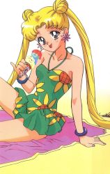 Rule 34 | 1990s (style), 1girl, arm support, artist request, beach, beach towel, bishoujo senshi sailor moon, blonde hair, blue eyes, blush, breasts, collarbone, double bun, dress, earrings, floral print, flower, flower earrings, food, green dress, hair bun, highres, ice cream, ice cream cone, jewelry, legs, licking, long hair, looking at viewer, official art, one-piece swimsuit, pinky out, print dress, retro artstyle, sand, skirt, small breasts, strapless, strapless dress, sunflower, swimsuit, tongue, towel, tsukino usagi, twintails