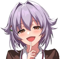 Rule 34 | 1girl, :d, blush, brown eyes, brown jacket, finger to mouth, hair intakes, hair ornament, hairclip, hand up, idolmaster, idolmaster cinderella girls, index finger raised, jacket, koshimizu sachiko, looking at viewer, open mouth, portrait, purple hair, shirt, simple background, smile, solo, ulrich (tagaragakuin), white background, white shirt