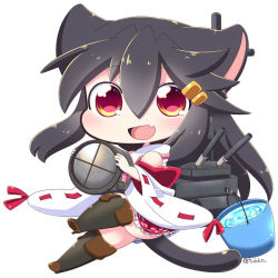 Rule 34 | 10s, 1girl, :d, animal ears, black hair, boots, bucket, bucket of water, cannon, cat ears, cat tail, chibi, commentary request, detached sleeves, fang, flashlight, hair ornament, hairclip, haruna (kancolle), kantai collection, kemonomimi mode, knee boots, long hair, looking at viewer, machinery, nontraditional miko, open mouth, red eyes, revision, ribbon, searchlight, simple background, smile, solo, tail, tsukko (3ki2ne10), turret, twitter username, white background