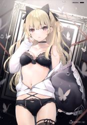 Rule 34 | 1girl, 6u (eternal land), absurdres, animal ears, black thighhighs, blonde hair, blush, bow, bow bra, bra, breasts, brown eyes, cat ears, choker, cleavage, collarbone, fake animal ears, fingernails, hair bow, hair ornament, highres, holding, holding pillow, jacket, long hair, long sleeves, looking at viewer, medium breasts, navel, original, page number, panties, picture frame, pillow, scan, simple background, single thighhigh, sleeves past wrists, solo, stomach, thighhighs, underwear, water, water drop, zipper, zipper pull tab