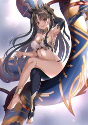 Rule 34 | 1girl, arm up, armlet, asymmetrical legwear, asymmetrical sleeves, bare shoulders, black hair, black ribbon, commentary, commentary request, crown, detached sleeves, earrings, elbow gloves, artistic error, fate/grand order, fate (series), gloves, hair ornament, hair ribbon, harimoji, heavenly boat maanna, highres, hoop earrings, ishtar (fate), ishtar (fate), jewelry, legs, crossed legs, long hair, long legs, looking at viewer, neck ring, open mouth, red eyes, ribbon, single detached sleeve, single elbow glove, single thighhigh, thighhighs, toeless legwear, twintails, two side up, uneven legwear, uneven sleeves