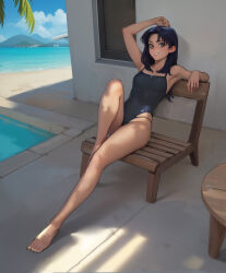 Rule 34 | 1girl, arm up, armpits, badilave, barefoot, beach chair, black one-piece swimsuit, casual one-piece swimsuit, cloud, cloudy sky, commentary, english commentary, feet, full body, katsuragi misato, knee up, landscape, long hair, neon genesis evangelion, ocean, one-piece swimsuit, outdoors, palm tree, purple hair, shadow, sitting, sky, smile, solo, swimsuit, table, teeth, toes, tree, wooden chair, wooden table