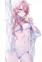 Rule 34 | 1girl, arm up, blush, bra, breasts, choker, closed mouth, collarbone, commentary, highres, long hair, long sleeves, looking at viewer, medium breasts, muaooooo, navel, open clothes, original, panties, pink hair, pulled by self, purple eyes, shirt, simple background, smile, solo, stomach, symbol-only commentary, thighs, underwear, white background, white shirt