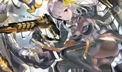Rule 34 | 119, 1girl, armor, armored boots, bandaged head, bandages, black gloves, boots, breasts, brown pantyhose, closed mouth, cockpit, gloves, goddess of victory: nikke, grey hair, hair ribbon, high heel boots, high heels, highres, holding, lips, long hair, mecha, medium breasts, modernia (nikke), pantyhose, red eyes, ribbon, robot, shoulder armor, solo, weapon, yellow ribbon